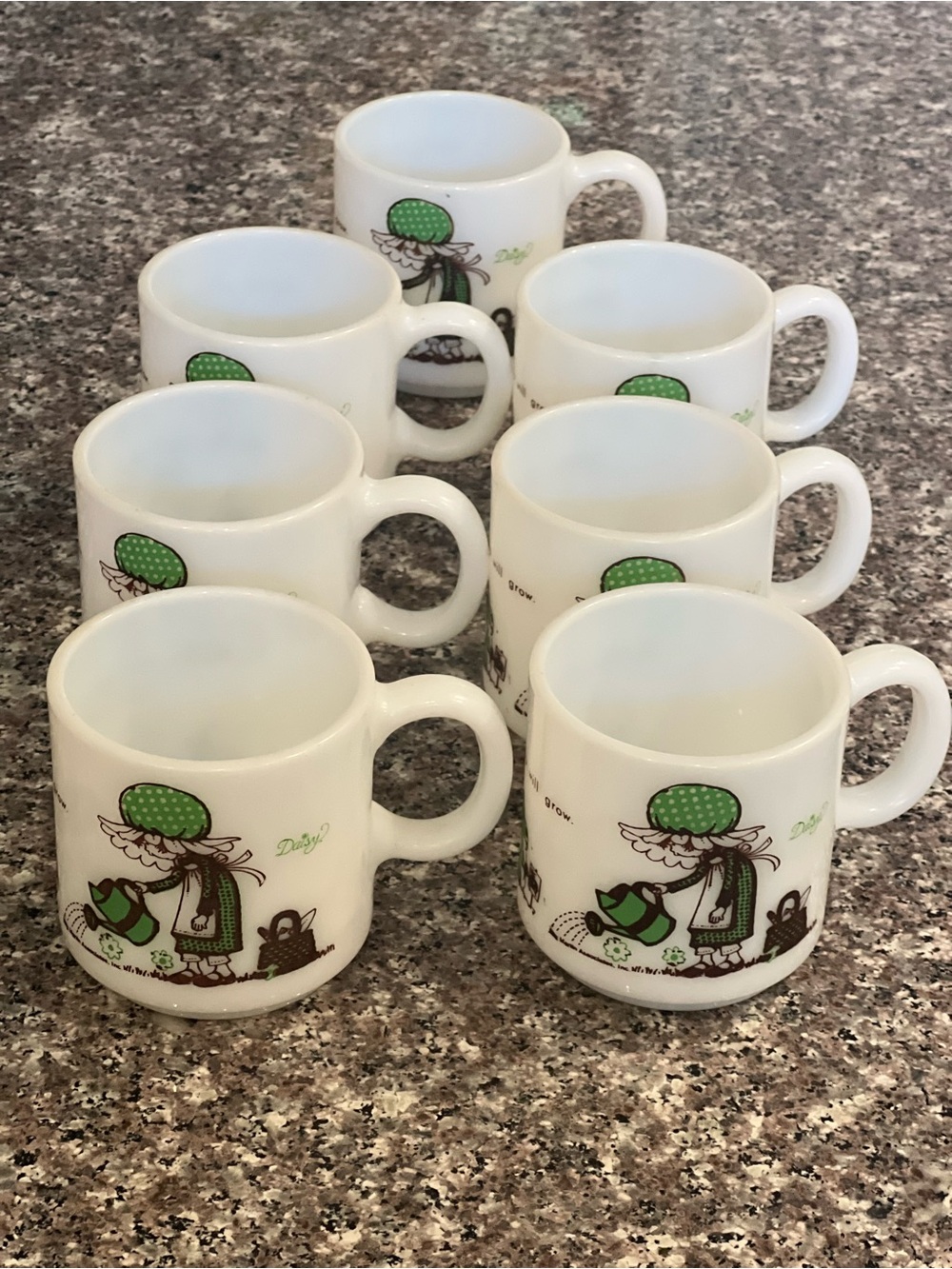 Vintage Hazel Atlas Daisy Milk Glass Mugs Set of 7 Kirby Martin Assoc.